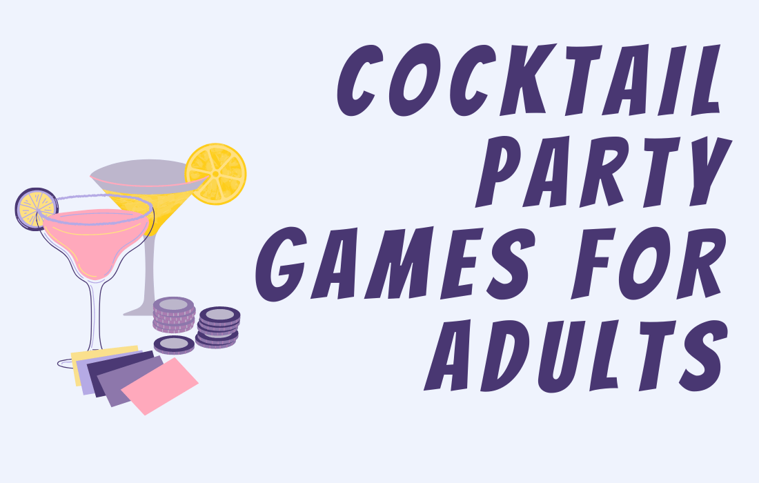 Post tilte Cocktail Party Games for Adults beside two cocktail drinks with cards and coins.