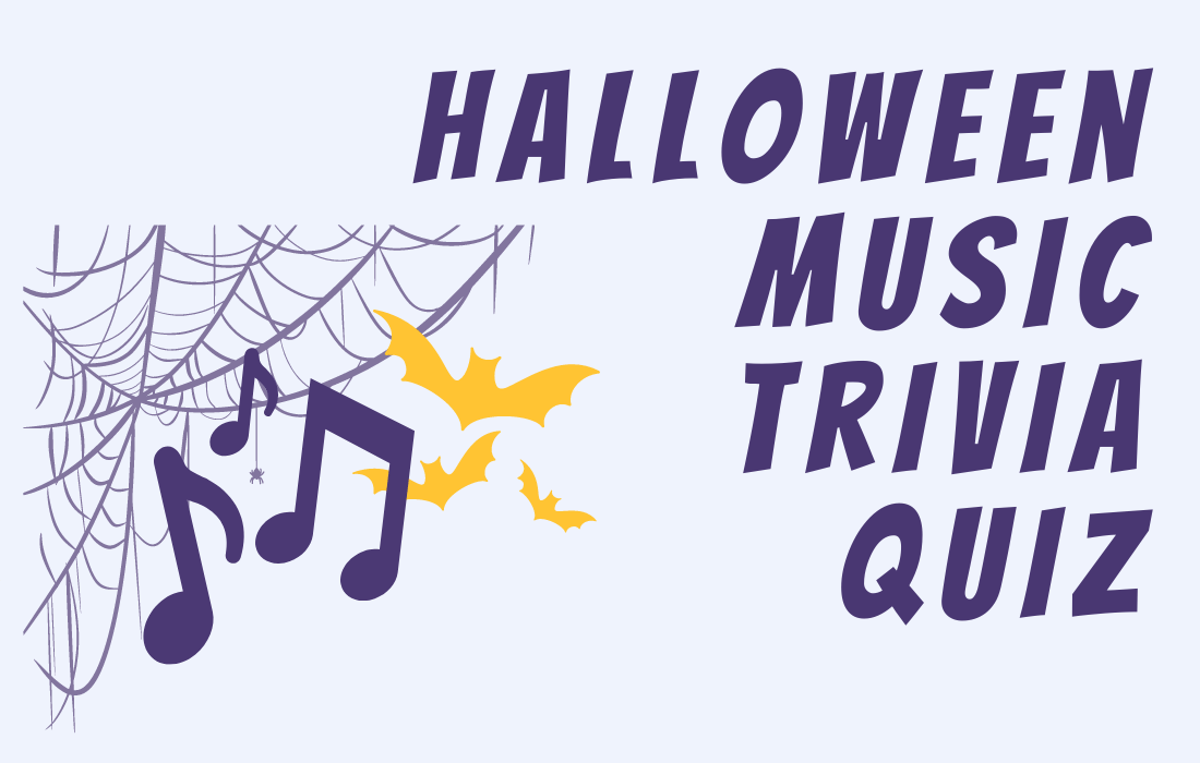 Post title Halloween Music Trivia Quiz beside purple spider web, three song notes and yellow bats.