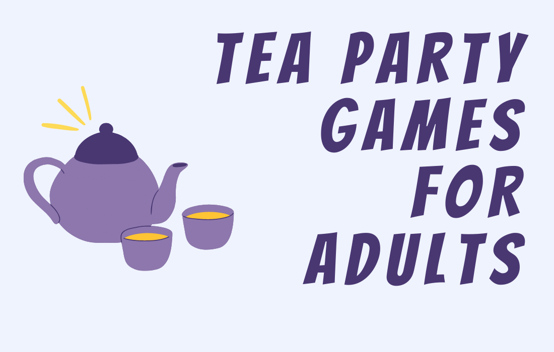 Purple kettle and two tea cups beside post title tea party games for adults.