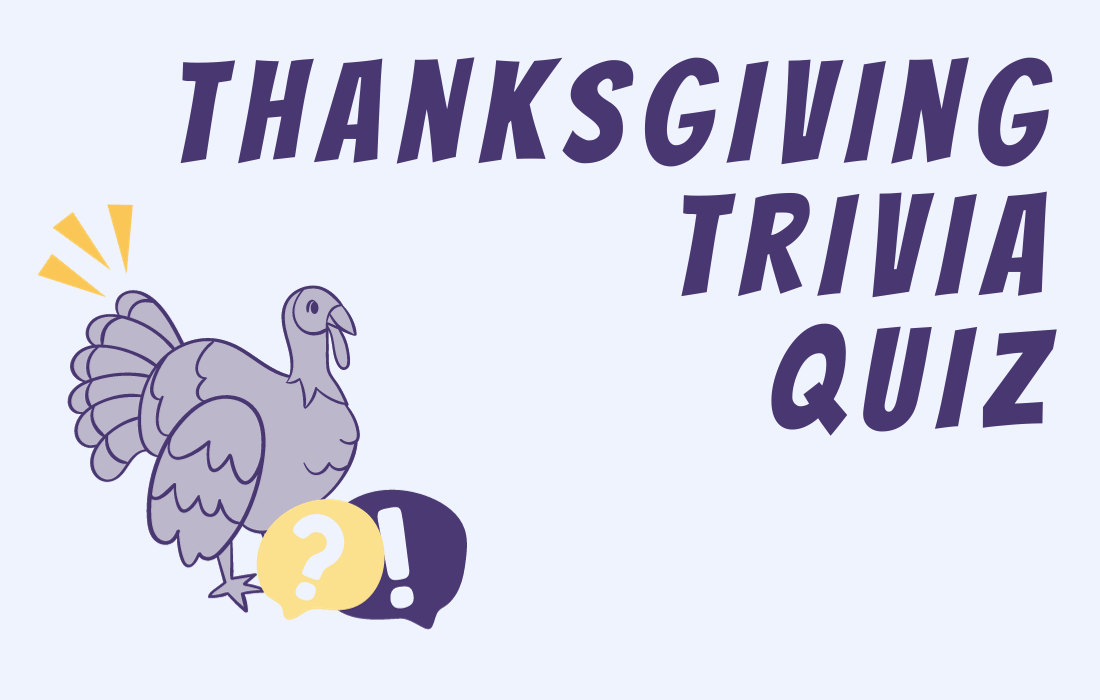 Purple turkey with question marks and exclamation point beside post title Thanksgiving Trivia Quiz.
