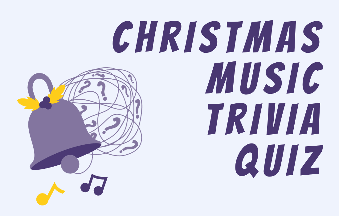 Post title Christmas Music Trivia Quiz besides illustration of Christmas bell with song notes.