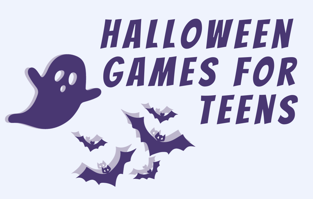 Text says halloween games for teens image of ghost and bats